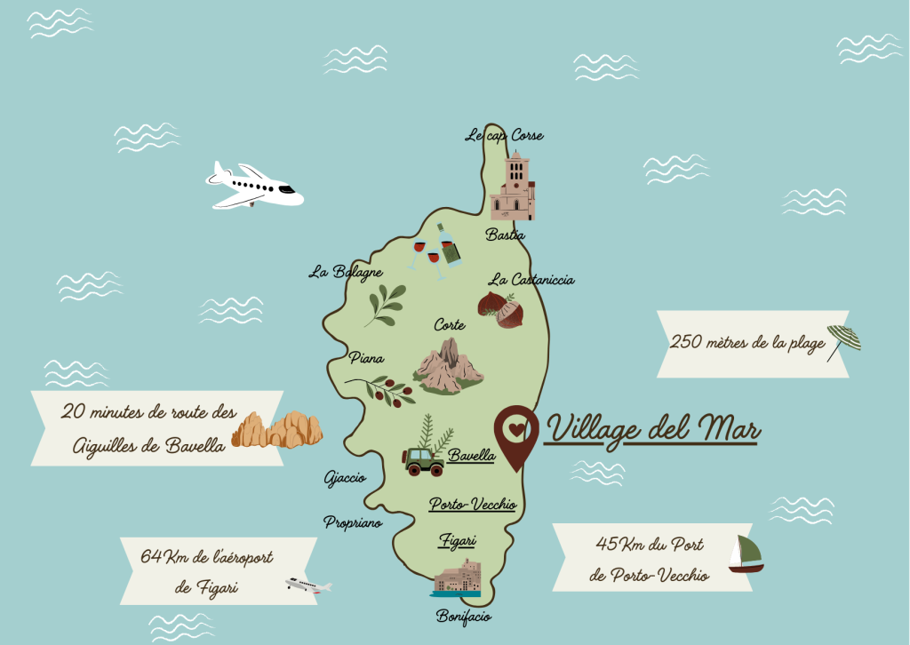 carte corse et situation du camping village del mar